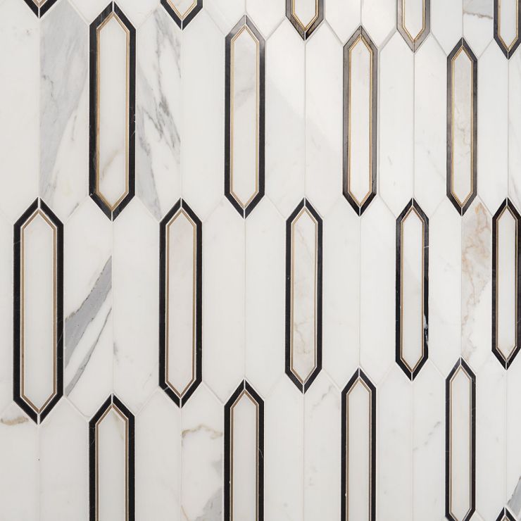 Zeus White Calacatta 2x8 Picket Polished Marble And Brass Waterjet