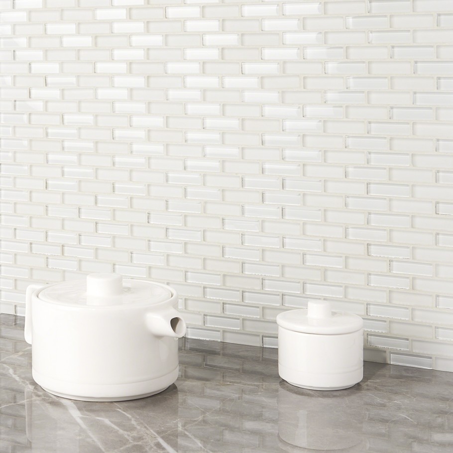 Example of white glass tiles used as kitchen backsplash 