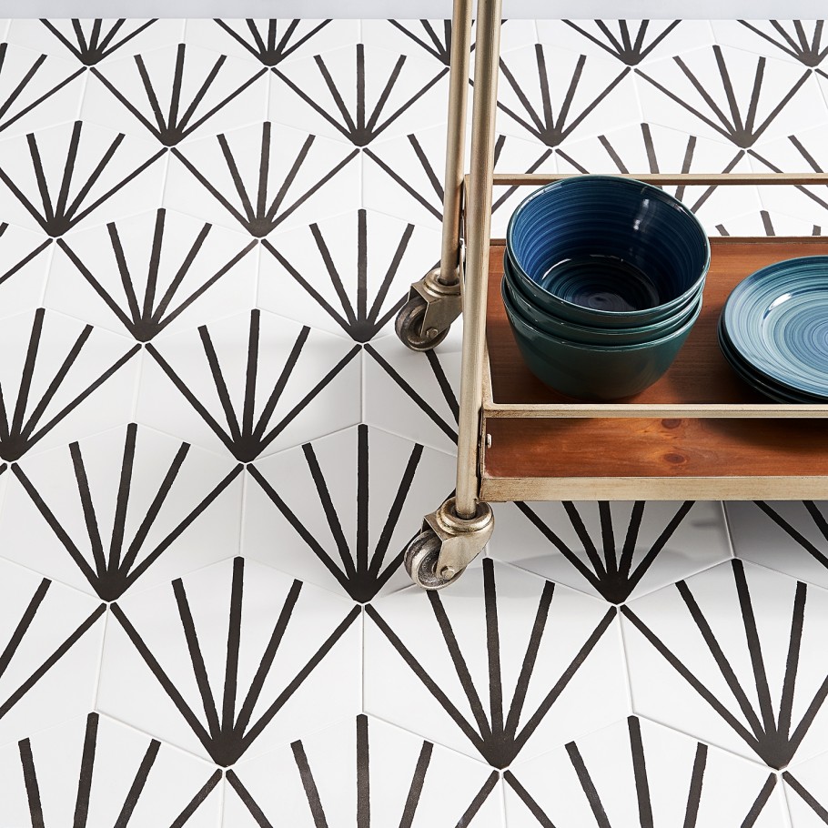 Hexagonal tiles with a geometric pattern shown on the floor with gold hostess trolley to highlight the pattern