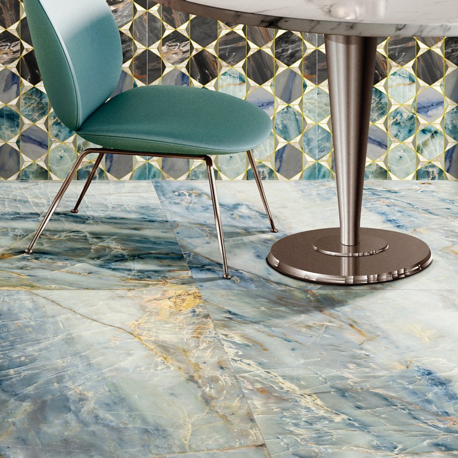 A beautiful marble look tile with strands of colour seeming to naturally run through the tile shown on a restaurant floor
