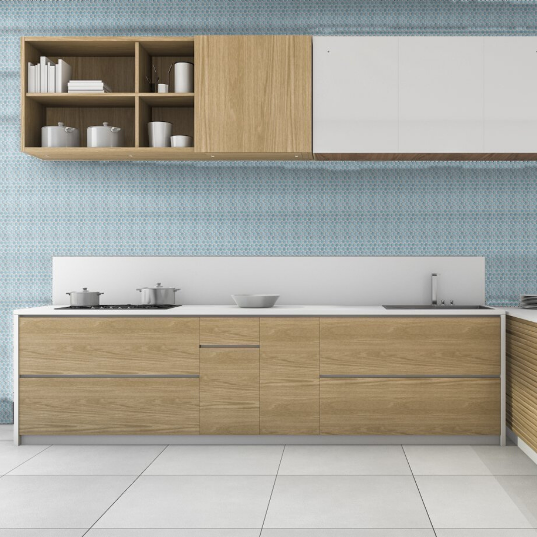 Nirvana Bliss Rimmed 1" Circles Ceramic Tile covering a kitchen wall. 