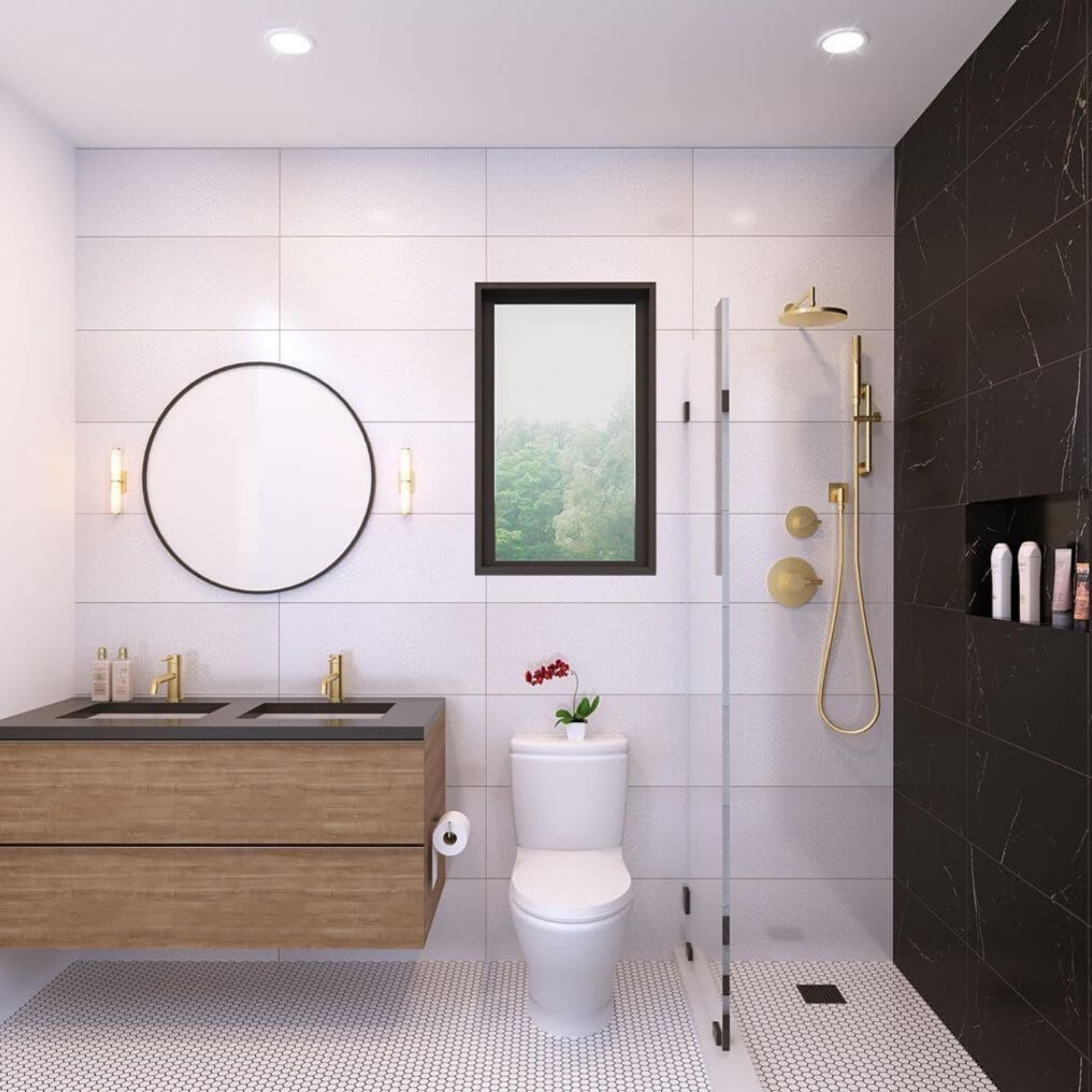 Marble Tech Port Laurent 12x24 Polished Nero Marquina Look Porcelain Tile shown with the Eden White 3/4" Penny Round Polished Ceramic Tile in a bathroom. 