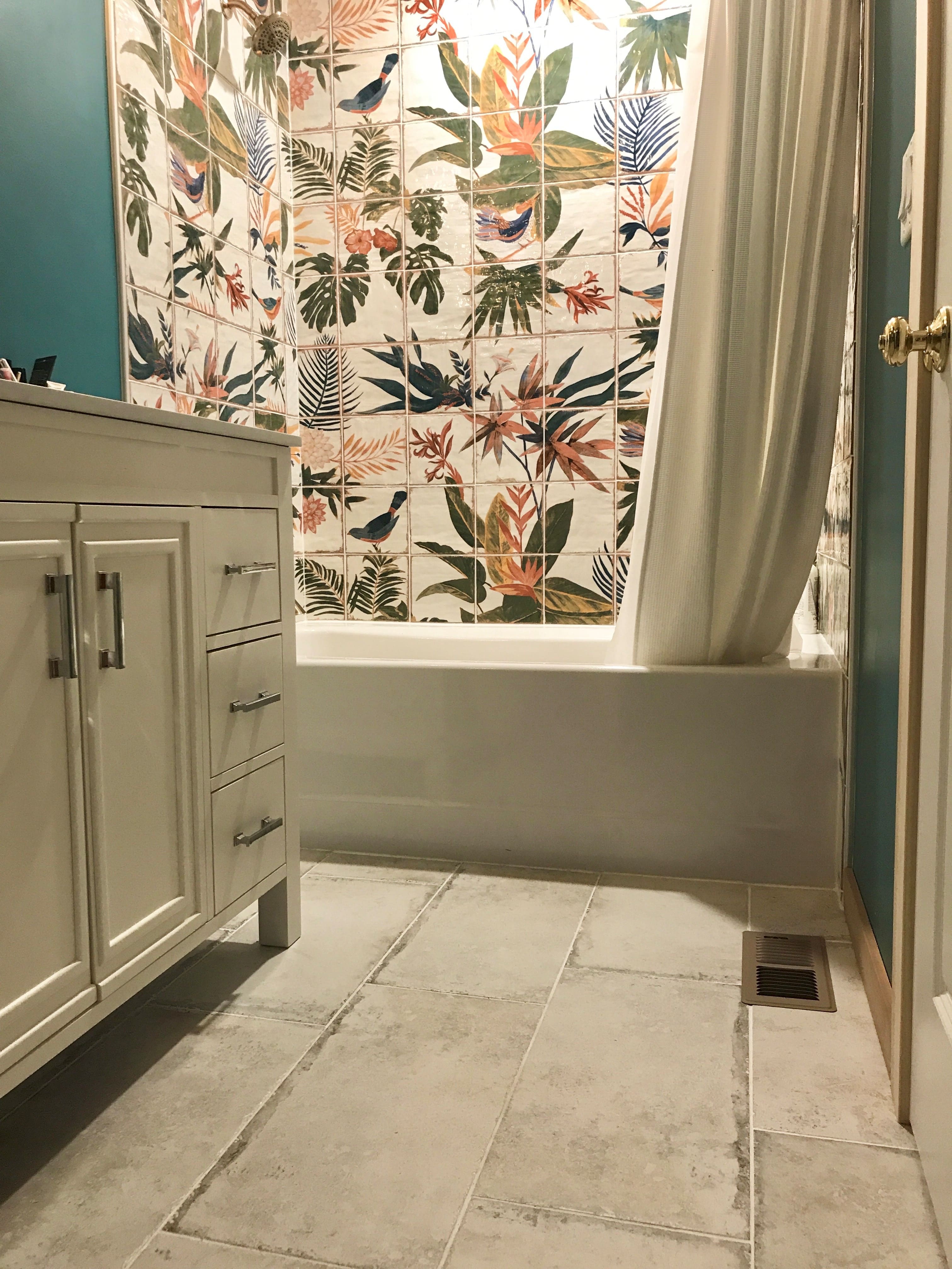Angela Harris Dunmore Sonata Mural 8x8 Ceramic Tile shown as bath backsplash from bath to ceiling 