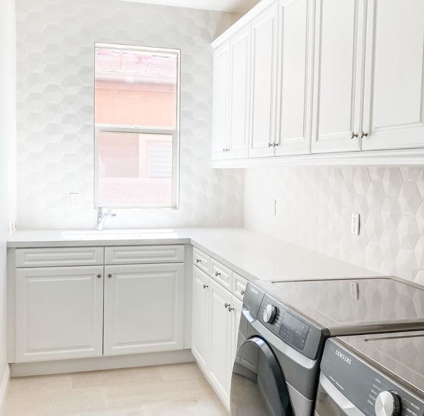 Exagoni Dimension 3D Hexagon Blanco Matte Ceramic Wall Tile used in utility room on the wall above the counter tops