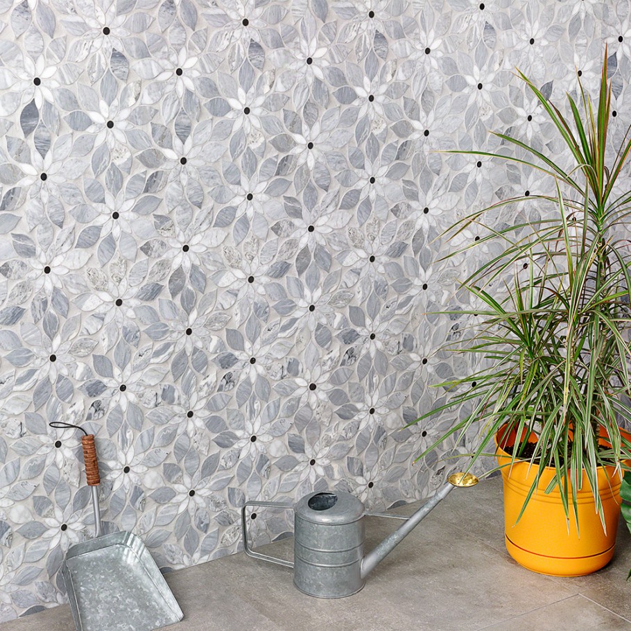 Wildflower Blue Note Marble Tile shown on wall with planters floor or wall tile in residential in commercial wall only