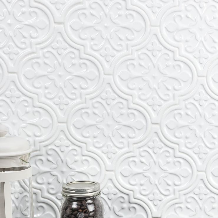 vasteland begrijpen Geloofsbelijdenis Byzantine Florid Arabesque Bianco Ceramic Wall Tile | TileBar